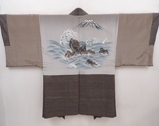 6023T02z500 Vintage Japanese Kimono Silk Men's HAORI Wave Brown-Gray