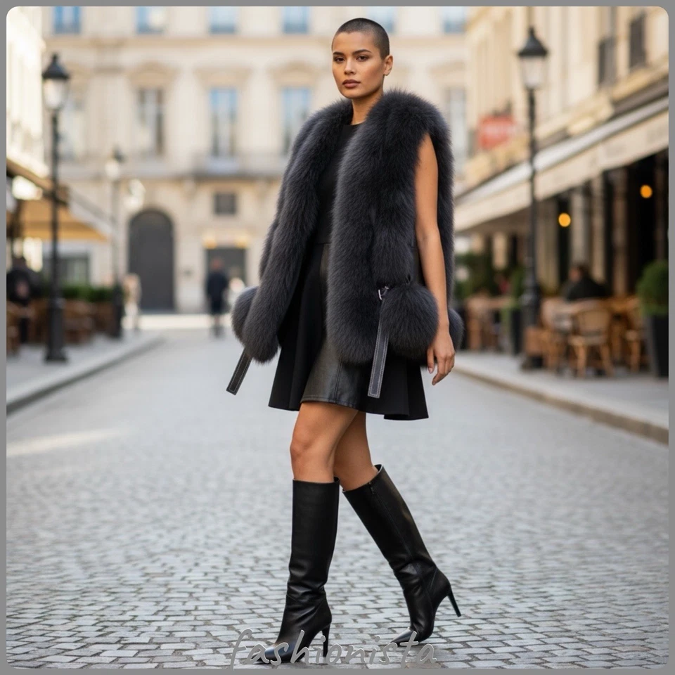 Chaleco recortado de piel de zorro sintético negro talla S Foto 2 de 4