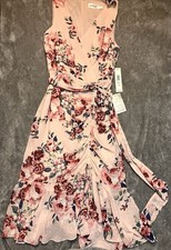Eliza J Dress Sleeveless 8 V-Neck Bodycon Chiffon Ruched Flutter Pink Floral NWT