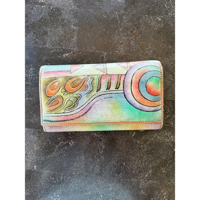 Anuschka Hand Painted Signed Leather Tri Fold Geometric Wallet Artsy Eclectic