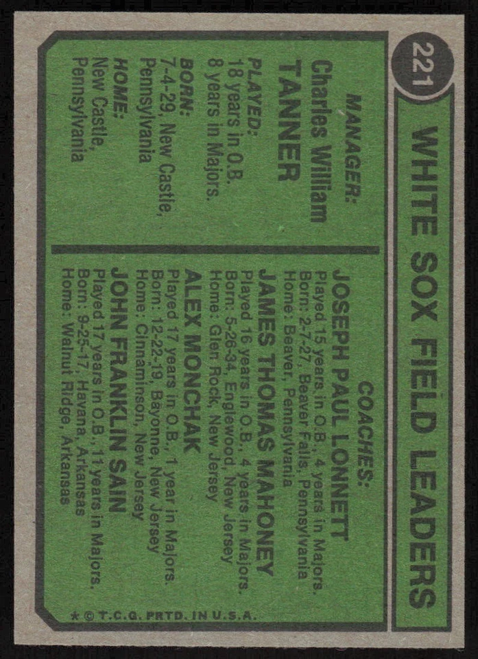 1974 Topps #221 White Sox Field Leaders (Chuck Tanner) (JB4) - Image 2 of 2