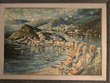 Italian Coast Large Framed Oil Painting