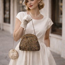 Unbranded Vintage Tapestry Handbag with Ornate Metal Frame Satin Coin Purse