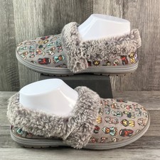 Skechers BOBS Keepsakes Ice Angel Gray Winter Dog Print Slippers Womens 6