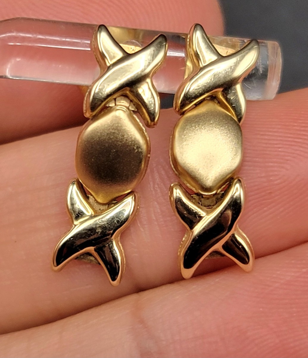 80s Real 10K Yellow Gold Fancy Xoxo Dangle Drop Stud Earrings 14k
