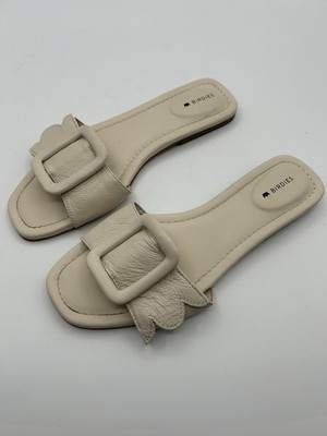 Birdies The Kiwi Bone Flat Leather Slide Sandals Sz7.5 Square Toe