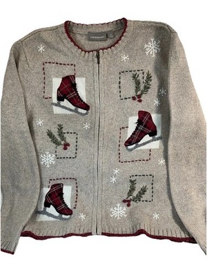 Croft & Barrow Womens Sweater Size Small Tan & Red Zipper Ice Skates Winter VTG