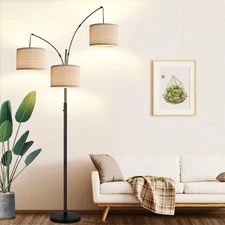 Dimmable Floor Lamp - 3 Lights Arc Lamps Matte Black-Beige Linen Shades 