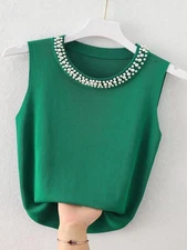 New Women’s Knitted Vest Top Korean Fashion Sleeveless Tank Casual Beaded Blouse