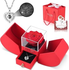 Preserved Red Forever Rose Heart Necklace Gift Box, Eternal Flowers "I Love You"