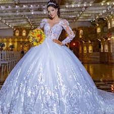 Luxurious Wedding Dresses Appliques Ball Gown Full Sleeve O-Neck Bridal Gowns