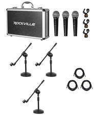 Rockville 3 Pack of Metal Dynamic Microphones Case Boom Stands For Instruments