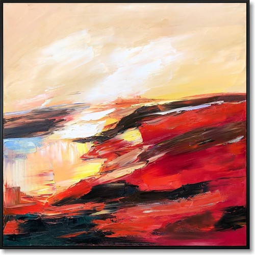 Abstract Red Canvas Wall Art Colorful Modern Desert Landscape Painting 32x32 - Picture 1 of 8