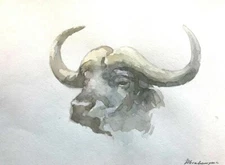 Buffalo, Animal, Watercolor artwork, Handmade, Original painting on paper