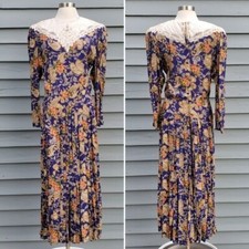Vintage 80s Retro Blue Paisley Floral Print Cottagecore Victorian Maxi Dress Md