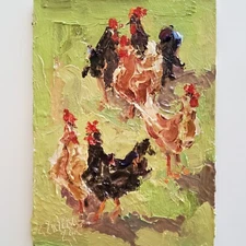 Chickens Painting Original Oil Art Landscape Abstract Modern Small Wall Artwork