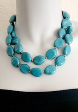 VTG BEADED DOUBLE STRAND NECKLACE CHUNKY MARBLED SWIRL TURQUOISE LUCITE BEADS