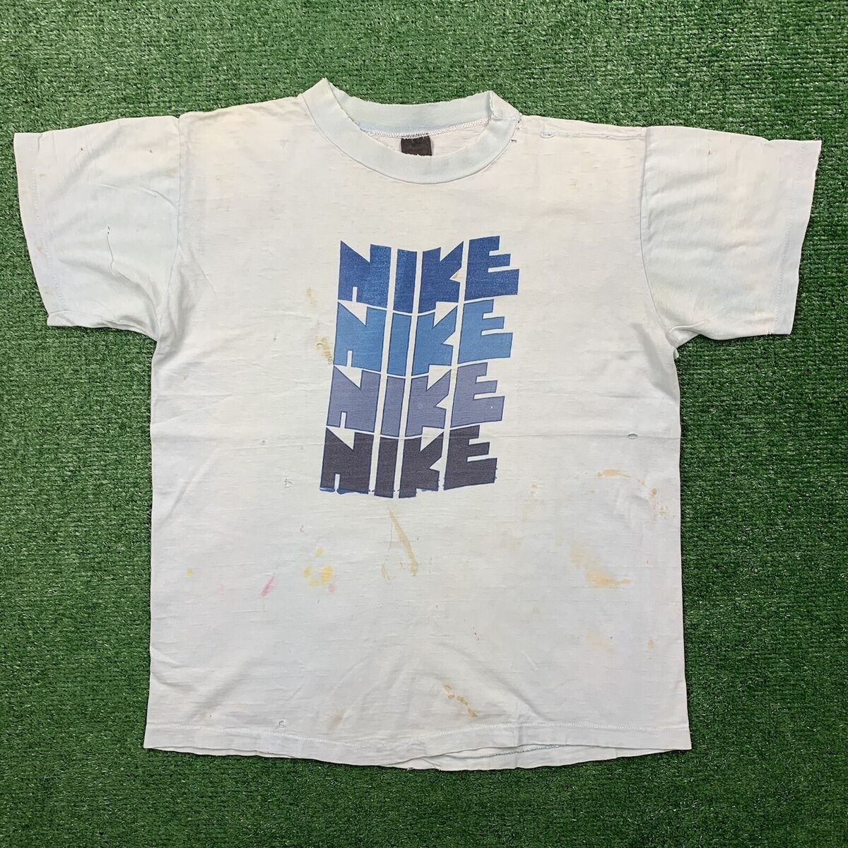 Nike Vintage T Shirt Mens L Quad Block Print Thrashed 70s Nike Vintage T Shirt Mens L Quad Block Print Thrashed 70s