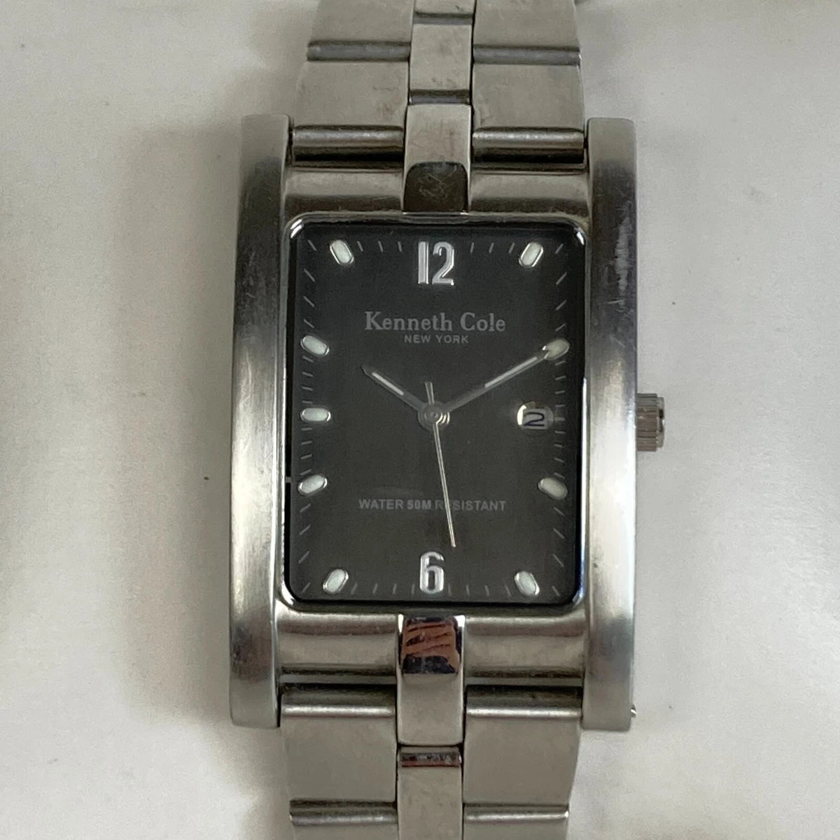 Kenneth Cole Watch Men Silver Tone Tank Date BROKEN BAND Gray Dial