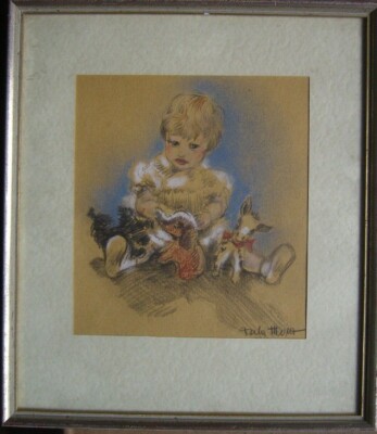 Portrait Girl Drawing Playing Girl Illegibly Signed Antique
