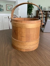 Antique Wooden Firkin Sugar Bucket 10" Tall 10" Diameter & Sliding Handle NO Lid