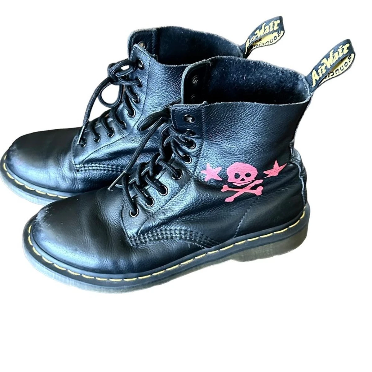 Dr. Martens Original Black Leather AirWair Pink Skull Crossbones Stars Boots 9