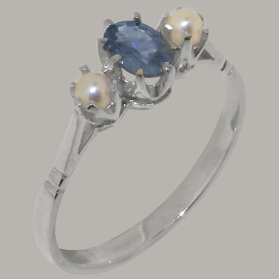 Solid 925 Sterling Silver Natural Sapphire & Pearl Womens Trilogy Ring ...