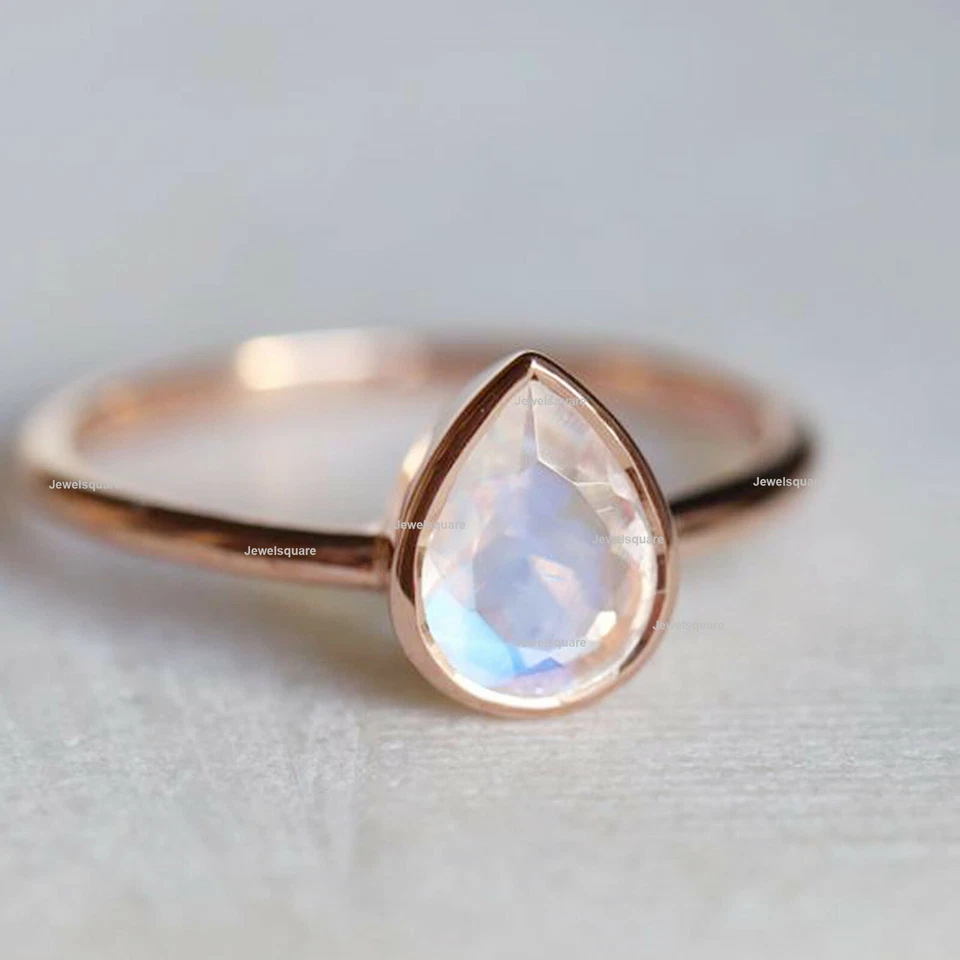 14k Solid Gold solitaire Pear Moonstone Gemstone Bezel Set Ring Gift For Her US7 - Image 2 of 3