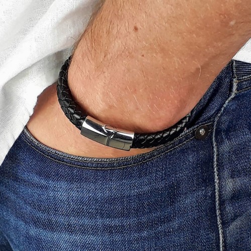 Black Bracelet Men's Braided Leather Bangle Stainless Steel Cuff Wristband Gift - Picture 32 of 40