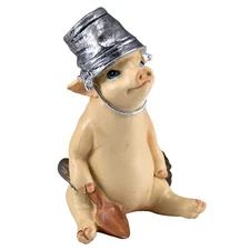 Mini Miniature Planting Pig With Shovel and Pail On Head Figurine 2.5"H New!