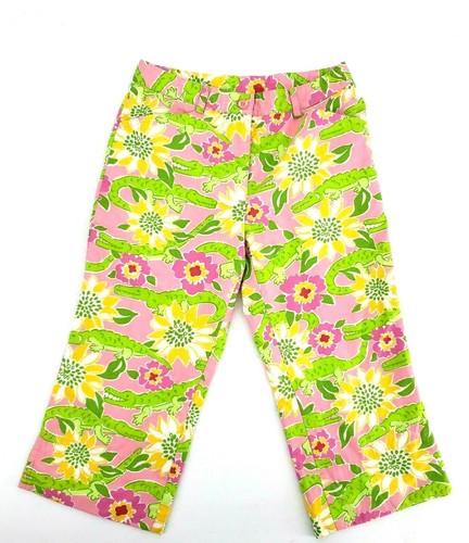 Lilly Pulitzer Girls Alligator Monsieur Floral Pants Size 7 Cropped Green Yellow - Picture 10 of 11
