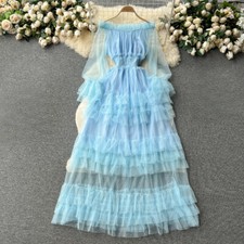 Lady Solid Mesh Off-shoulder Dress Ruffled Sheer Tutu Wedding Party Sexy Chic