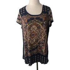 Lucky Brand Boho Top Womens 1X Blue Gold Short Sleeve Pullover Lightweight Tee