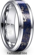8mm Tungsten Mens Ring Lapis Lazuli Inlay Beveled Edge Wedding Band for Him 7-12