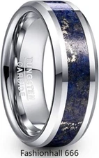 8mm Tungsten Mens Ring Lapis Lazuli Inlay Beveled Edge Wedding Band for Him 7-12