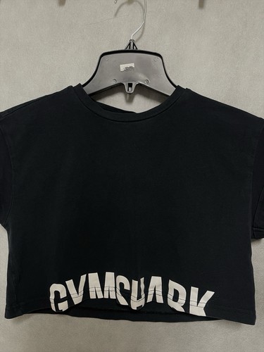 Gymshark Top Women XS Black Fraction Crop Logo Spellout Athletic Tee Shirt Activ