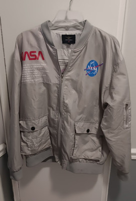ASSTSERIES Men's NASA Gray MA-1 Bomber Jacket Full Zip Reflective Logo Size L