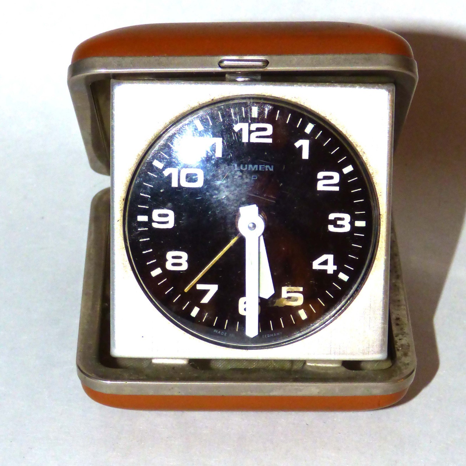 Vintage Lumen Travel Alarm Clock Made in Germany Orange Case Black Dial 1960s