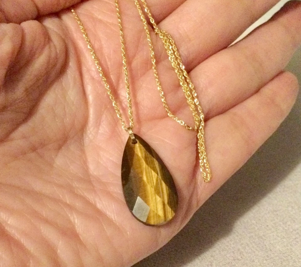 Or 18K Collier Chaine +Grand Pendentif Oeil de Tigre, Or Jaune 18 Carats 18K 750 - Photo 3/4