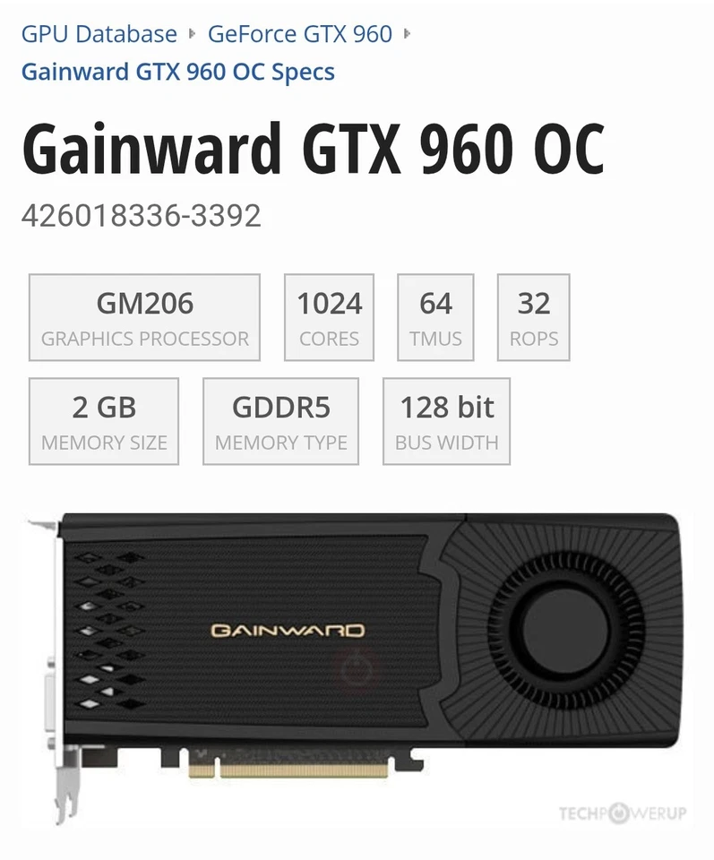 SCHEDA GRAFICA GAINWARD - NVIDIA GTX960 OC - 2 GB DDR5 - 128 BIT CONNETTORI: 1 X - Immagine 2 di 4