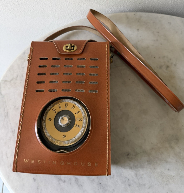Vtg 50s Westinghouse H-697P7 Transistor Radio + Leather Case + Box + Ad Untested