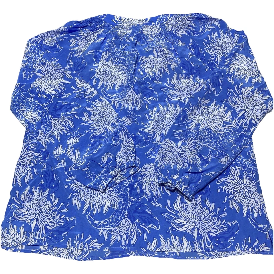 Блузка Lilly Pulitzer топ женская маленькая синяя Elsa шелк цветочный узор струящаяся фея золото - Изображение 3 из 4