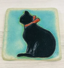 PEWABIC Detroit Pottery Black Cat Red Bow Tile 3 x 3”