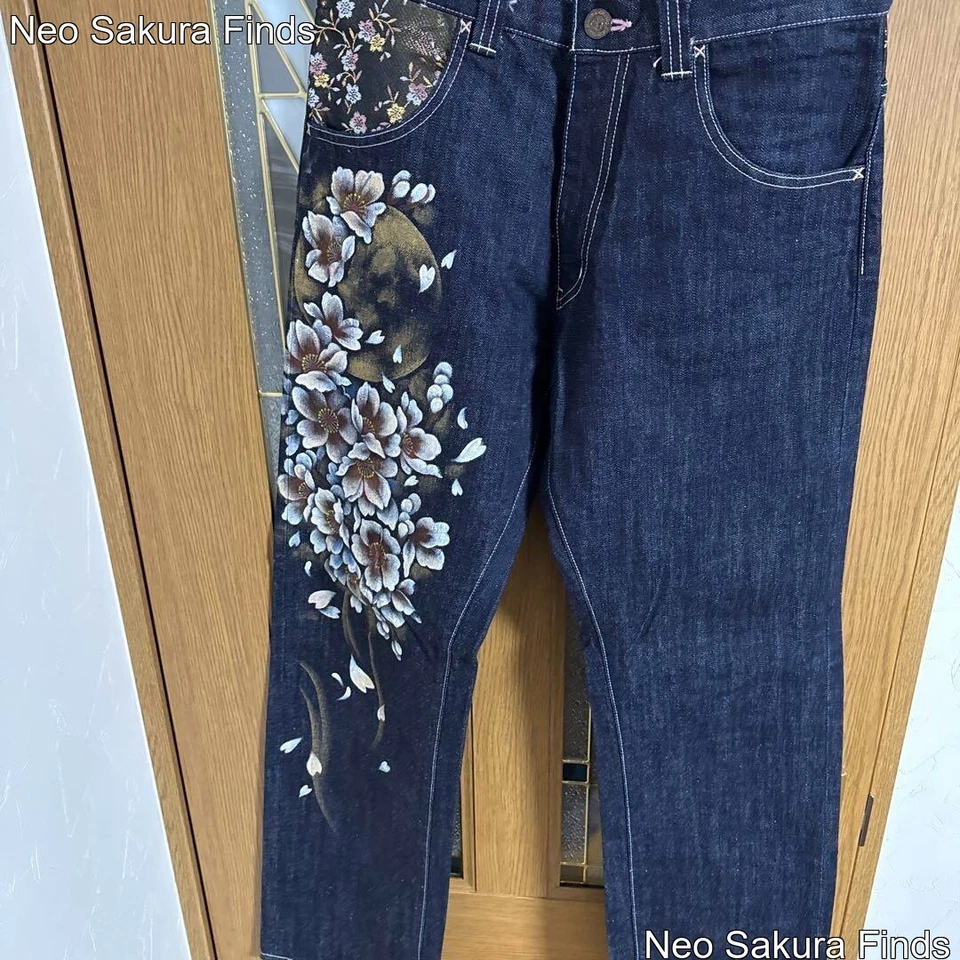 Pantalones de mezclilla Zen Night patrón japonés flor de cerezo 32 pulgadas Foto 4 de 4