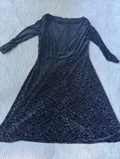 Talbots Black Floral Velvet Burnout A-Line Dress V-Neck 3/4 Sleeve Knee M