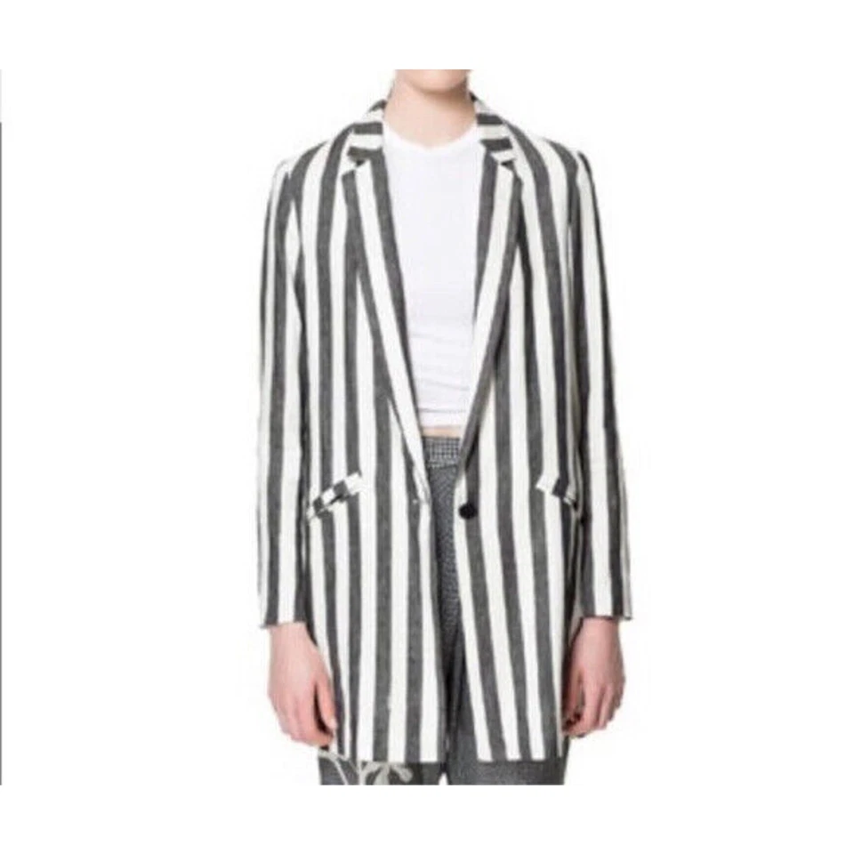 Zara Womens Striped Linen Blazer Sz S Coastal Grandma Minimalist Classic Preppy - Image 2 of 4