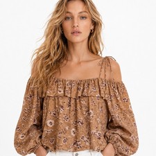 Ulla Johnson Coline Silk Boho Floral Ruffle Tan Blouse Off Shoulder Size 2
