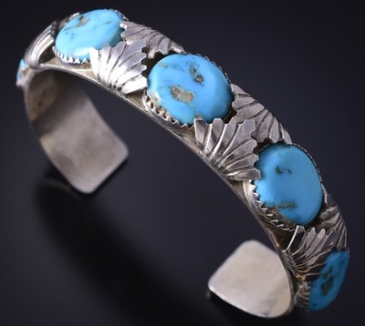 Vintage Silver & Turquoise Zuni Handmade Leaves Bracelet - Loyolita Othole 5K17M