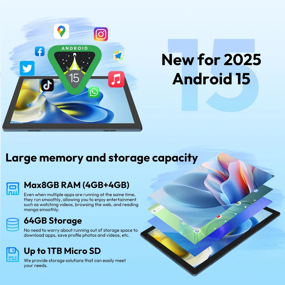 Tablet 10 Zoll Android 15: 2025 Neueste 6000mah Penta-Core 8GB RAM+64GB 1TB TF - Bild 3 von 4