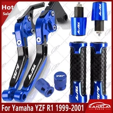 CNC Handle Grips Cap Brake Clutch Levers Set For Yamaha YZF R1 1999-2001 Blue